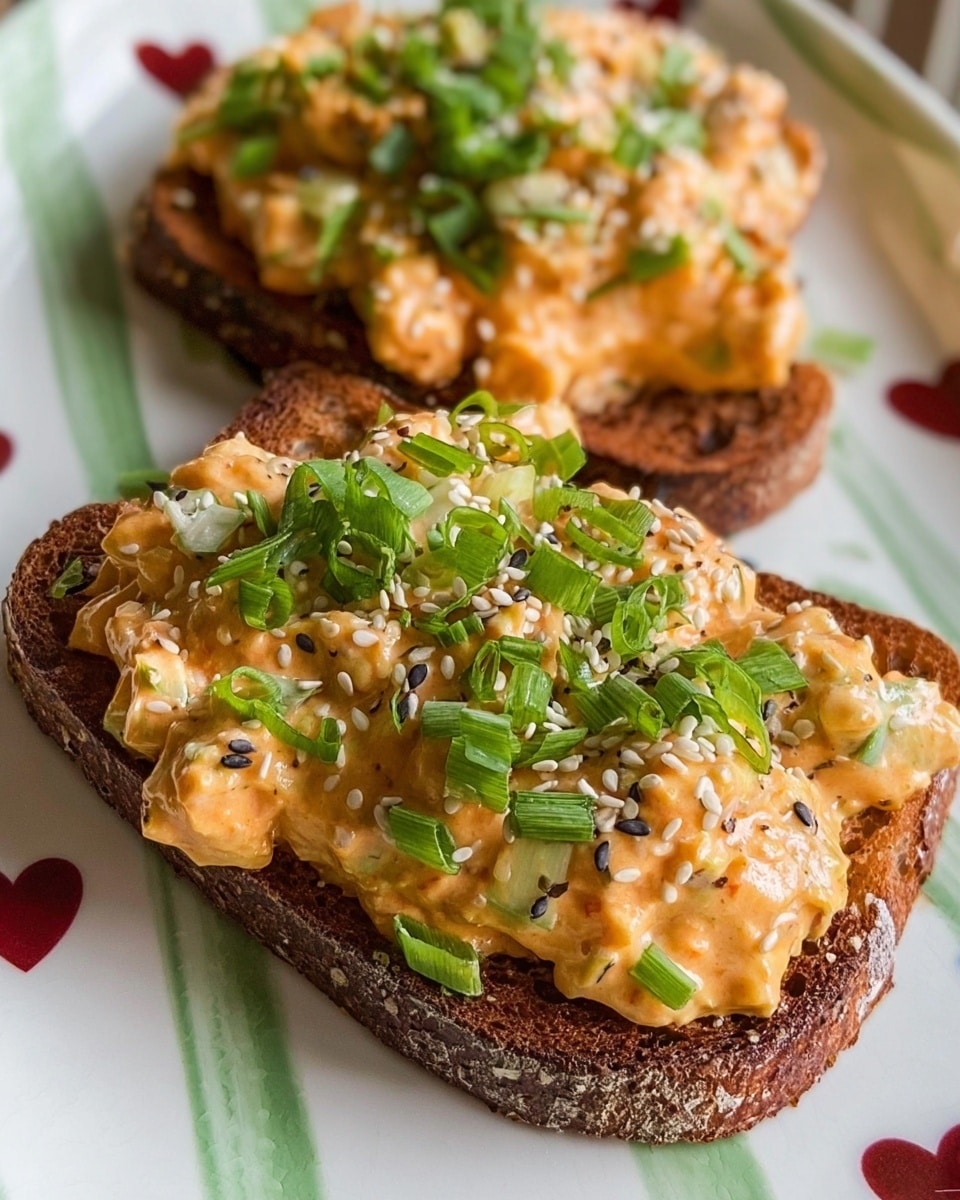 The dish shows two slices of toasted dark brown bread placed on a white plate with light green striped lines and small dark red heart shapes. Each toast is generously covered with a creamy, orange-colored salad mixture with visible small white chunks and finely chopped green herbs mixed inside. On top of the creamy layer, there is a sprinkling of white sesame seeds and chopped fresh green onion pieces, adding texture and bright green color. The toasts are positioned close to each other, with a soft focus on the one in the foreground, capturing a cozy homemade look. Photo taken with an iphone --ar 4:5 --v 7