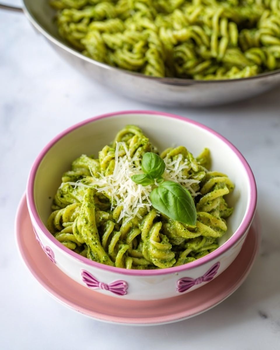 A bowl of green pesto pasta is shown in a white bowl with raised pink bow decorations on the rim. The pasta is twisted into thick spirals and coated fully with bright green pesto sauce, giving a smooth, creamy texture. On top, there is a small pile of finely grated white cheese and a few fresh basil leaves that add a pop of deeper green. Behind the bowl is a metal pan filled with more of the same green pesto pasta. The setting is a white marbled surface. Photo taken with an iphone --ar 4:5 --v 7