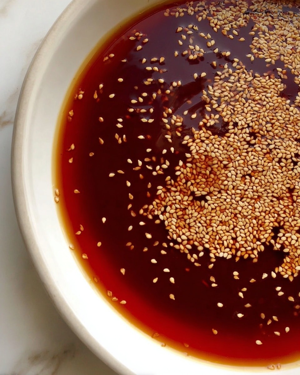 A close-up view of a shallow white bowl filled with a deep reddish-brown sauce, topped with scattered small light beige sesame seeds mostly floating near the edges, with some seeds spread unevenly but thinner towards the center of the sauce, all set on a white marbled surface. Photo taken with an iphone --ar 4:5 --v 7