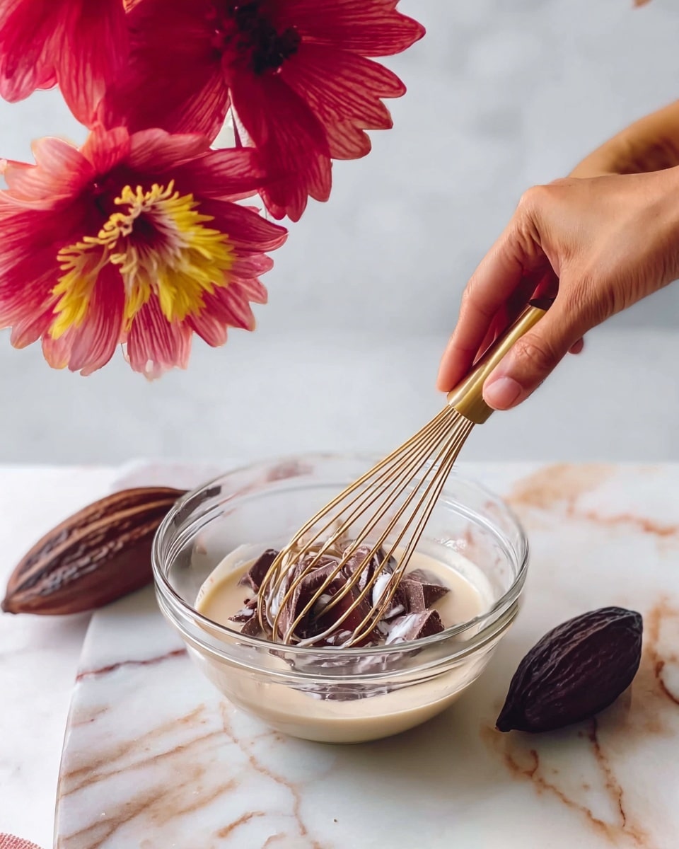 A clear glass bowl with a mixture of dark brown chocolate pieces and creamy light beige liquid being stirred by a golden whisk held in a woman's hand. The bowl rests on a white marbled surface, with two whole dark brown cocoa pods placed nearby. Vibrant red and pink flowers with yellow centers hang above the bowl, slightly out of focus. The scene is bright and clean, focusing on the mixing process. photo taken with an iphone --ar 4:5 --v 7