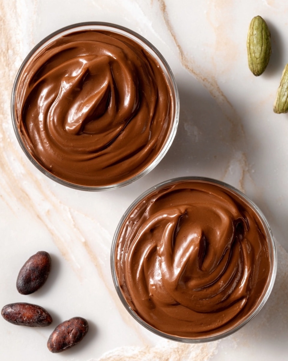 Two clear round glass bowls filled with smooth, rich milk chocolate pudding. Each pudding has a shiny, creamy surface with soft peaks and swirls on top, showing a thick texture. The bowls are placed on a white marbled surface, and there are three whole cocoa beans scattered around them, adding a dark brown contrast. The scene is lit softly, highlighting the chocolate’s glossy finish. Photo taken with an iphone --ar 4:5 --v 7