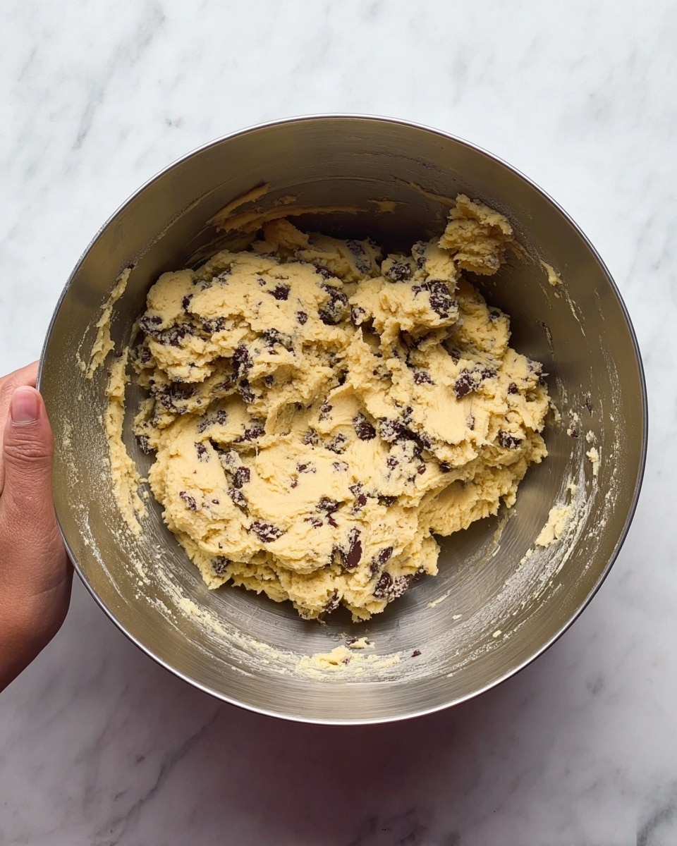 A top-down view of a silver mixing bowl filled with light yellow cookie dough mixed with dark chocolate chunks, showing a thick and slightly crumbly texture. The dough is unevenly spread, clinging to the sides of the bowl with some spots where it is thicker and some thinner. A woman's hand holds the edge of the bowl on the right side. The bowl is placed on a white marbled surface with subtle gray veins. photo taken with an iphone --ar 4:5 --v 7