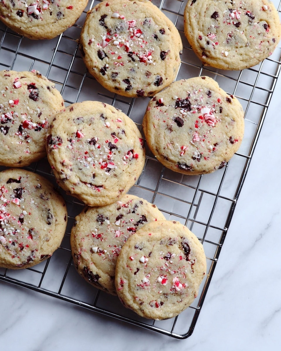 A metal cooling rack holding several round cookies, each with a light golden top layer speckled evenly with bits of dark chocolate and small pieces of red and white peppermint candy, creating a rough and chunky texture on the surface. The cookies are thick with slightly cracked tops, arranged on the rack in a loose pattern against a white marbled surface underneath. Photo taken with an iphone --ar 4:5 --v 7