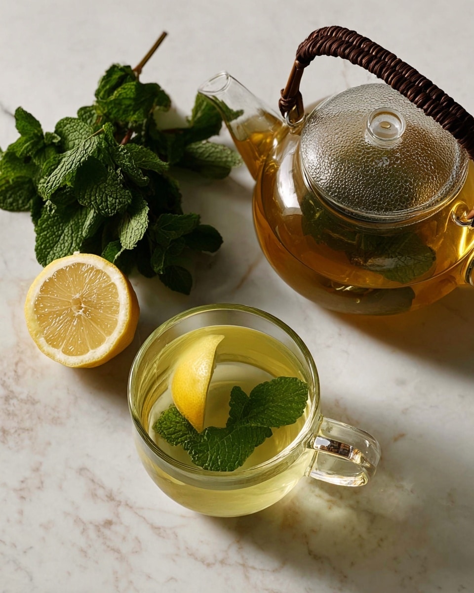 A clear glass cup filled with pale yellow tea contains a lemon wedge and a bright green mint leaf floating on top. At the bottom right, a glass teapot with a round lid shows light brown tea inside, and its handle and spout are wrapped with dark brown wicker. On the left side, fresh green mint leaves with textured veins rest next to a lemon sliced in half, positioned on a white marbled surface. The whole scene is lit softly, highlighting the freshness of the herbs and the clarity of the glass. photo taken with an iphone --ar 4:5 --v 7