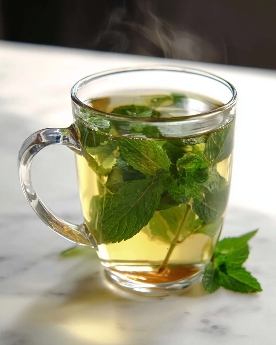 A clear glass cup filled with light yellow-green tea, with fresh green mint leaves floating on the surface and submerged inside the liquid, creating a fresh and natural look. The cup has a clear handle on the left side and is placed on a white marbled surface. Soft steam rises from the tea, adding a warm and cozy feeling to the image. photo taken with an iphone --ar 4:5 --v 7