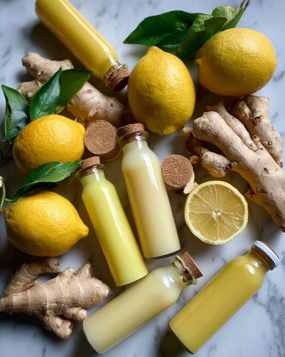 The image shows a collection of natural ingredients and small bottles with yellow liquid arranged on a white marbled surface. There are three whole yellow lemons with a natural texture and green leaves attached. Near the lemons, there are several pieces of light brown ginger root with a rough surface. In the middle, one lemon is cut in half, showing its juicy and bright yellow inside with visible segments. Scattered around and layered between the lemons and ginger, there are eight small glass bottles filled with a smooth pale yellow liquid; some bottles have cork stoppers and one has a white screw cap. The overall arrangement is casual and spread out evenly in the center of the frame. photo taken with an iphone --ar 4:5 --v 7