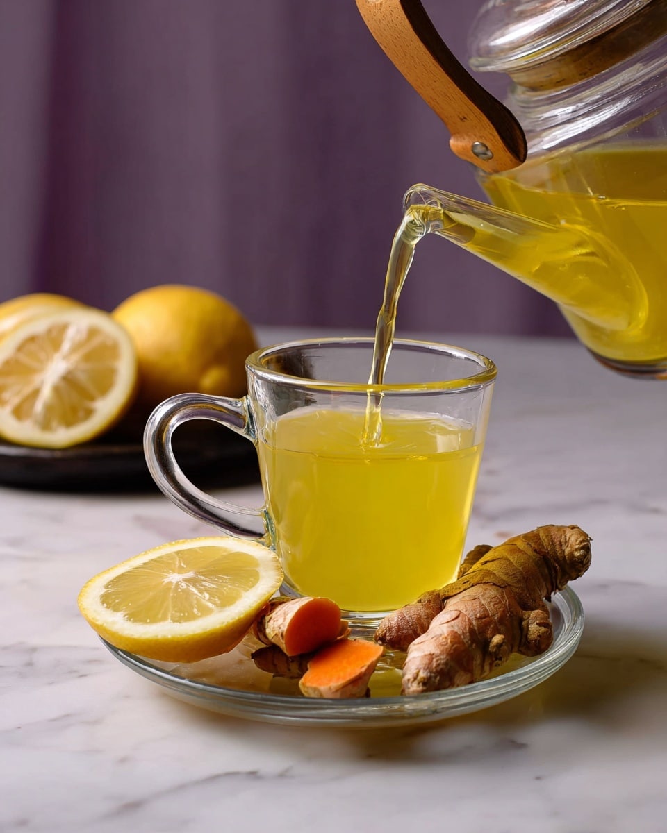 A clear glass cup filled with bright yellow-orange tea is placed on a white cup saucer. A thick lemon slice with a light yellow peel and pale yellow flesh leans against the left side of the cup on the saucer. To the right side of the cup on the saucer, there are two pieces of turmeric root, one whole with a light brown peel and the other sliced, showing the bright orange inner flesh. The cup and saucer rest on a white marbled surface with a blurred dark background. Photo taken with an iphone --ar 4:5 --v 7