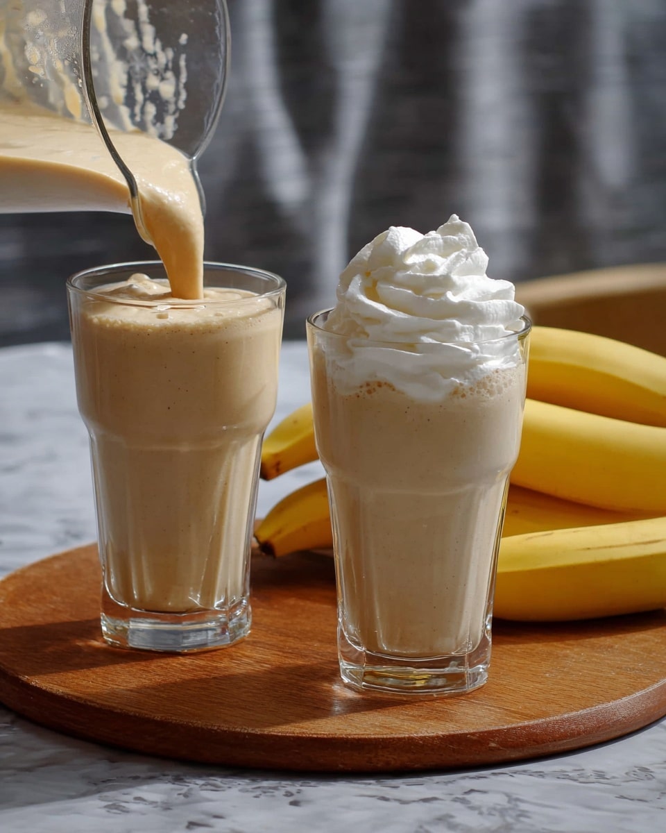 Two tall clear glasses hold a creamy light beige smoothie. Each smoothie has a swirl of white whipped cream on top, sprinkled with a little brown powder. On top of the whipped cream, there are three yellow banana chips on each glass. The glasses sit on a wooden board with a few peeled yellow bananas in front. The background is a white marbled texture. photo taken with an iphone --ar 4:5 --v 7