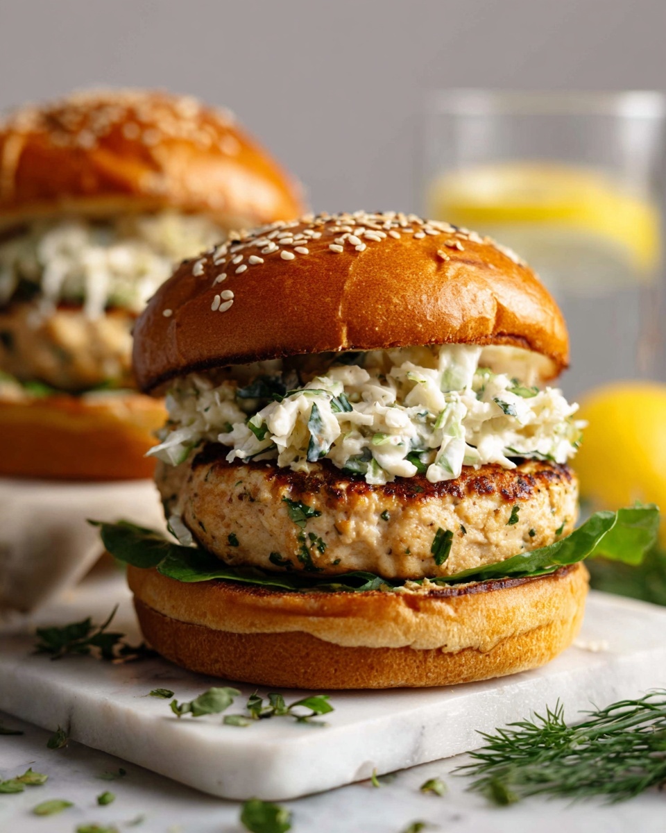 A close-up of two chicken burgers shows a toasted sesame seed bun on top and bottom. The bottom bun holds a thick, light brown grilled chicken patty with a slightly rough texture. On top of the patty is a layer of creamy white coleslaw mixed with small green herbs, adding specks of color. The burger is set on a white marbled surface with some green herbs sprinkled around, with the second burger blurred in the background and a glass with a lemon slice behind it. Photo taken with an iphone --ar 4:5 --v 7