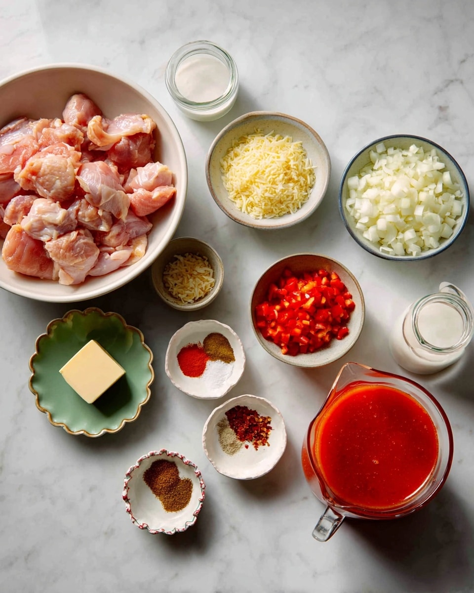 The image shows several small white bowls and plates arranged on a white marbled surface, each holding different cooking ingredients. On the left, there is a large white bowl filled with raw, light pink chicken pieces. Next to it, smaller white bowls hold chopped white onions, a heap of grated light yellow ginger on a small green plate, and finely chopped red bell peppers in another white bowl. There are two small white plates with different spices in piles of brown, dark red, yellow, and white powders. A small scalloped pale green plate holds a square piece of butter. On the right side, a clear glass jug contains bright red tomato sauce, and next to it, a small glass bottle with white cream. All the containers are clean and neatly arranged with even spacing. Photo taken with an iphone --ar 4:5 --v 7