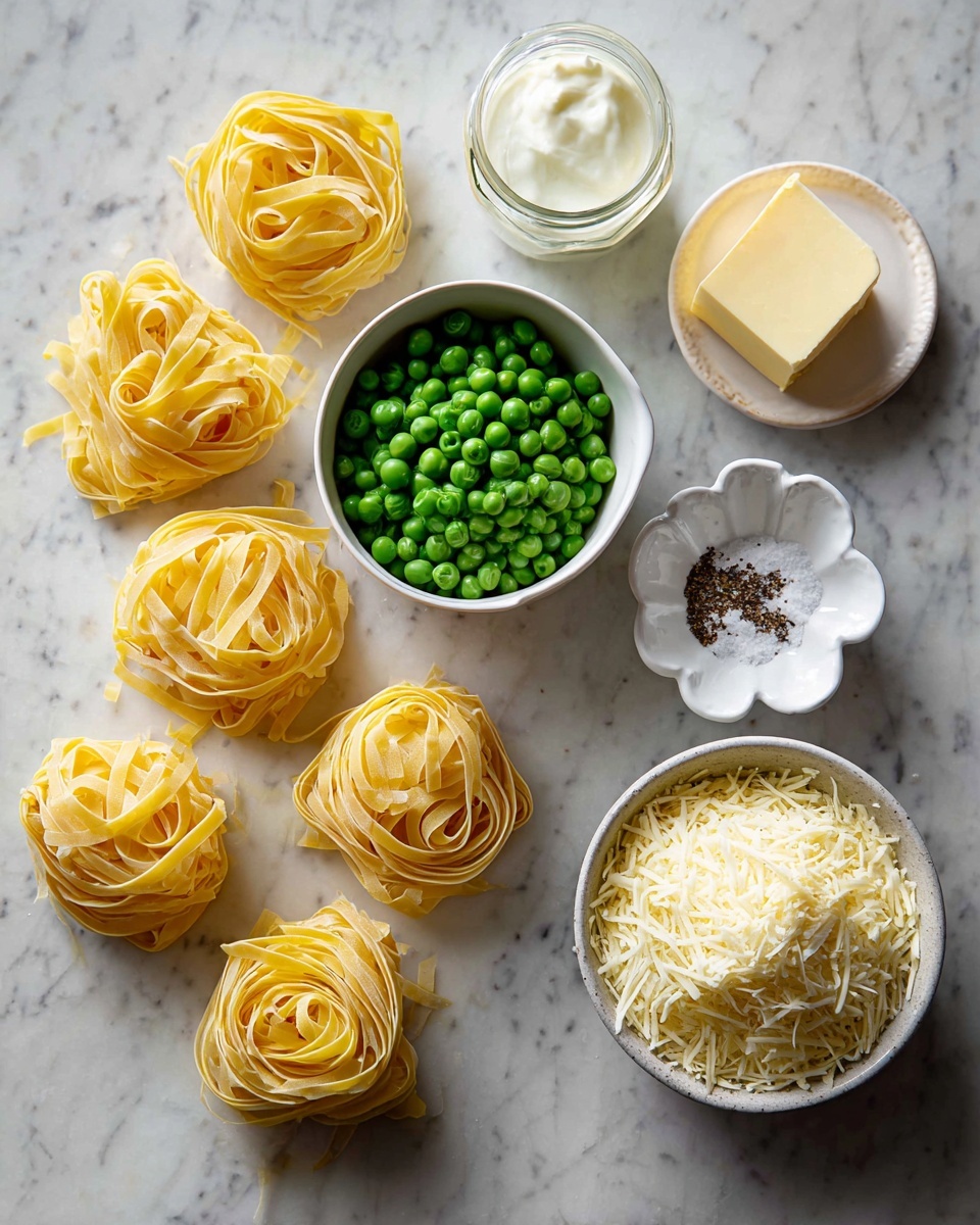 A white plate holds a serving of pasta with about three layers of long, thin noodles twisted together. Scattered among the noodles are bright green peas, adding a pop of color. There is a light sprinkling of shredded pale cheese all over the pasta. On the right side of the plate, a fork lifts a small bunch of the noodles. The plate sits on a white marbled surface. photo taken with an iphone --ar 4:5 --v 7