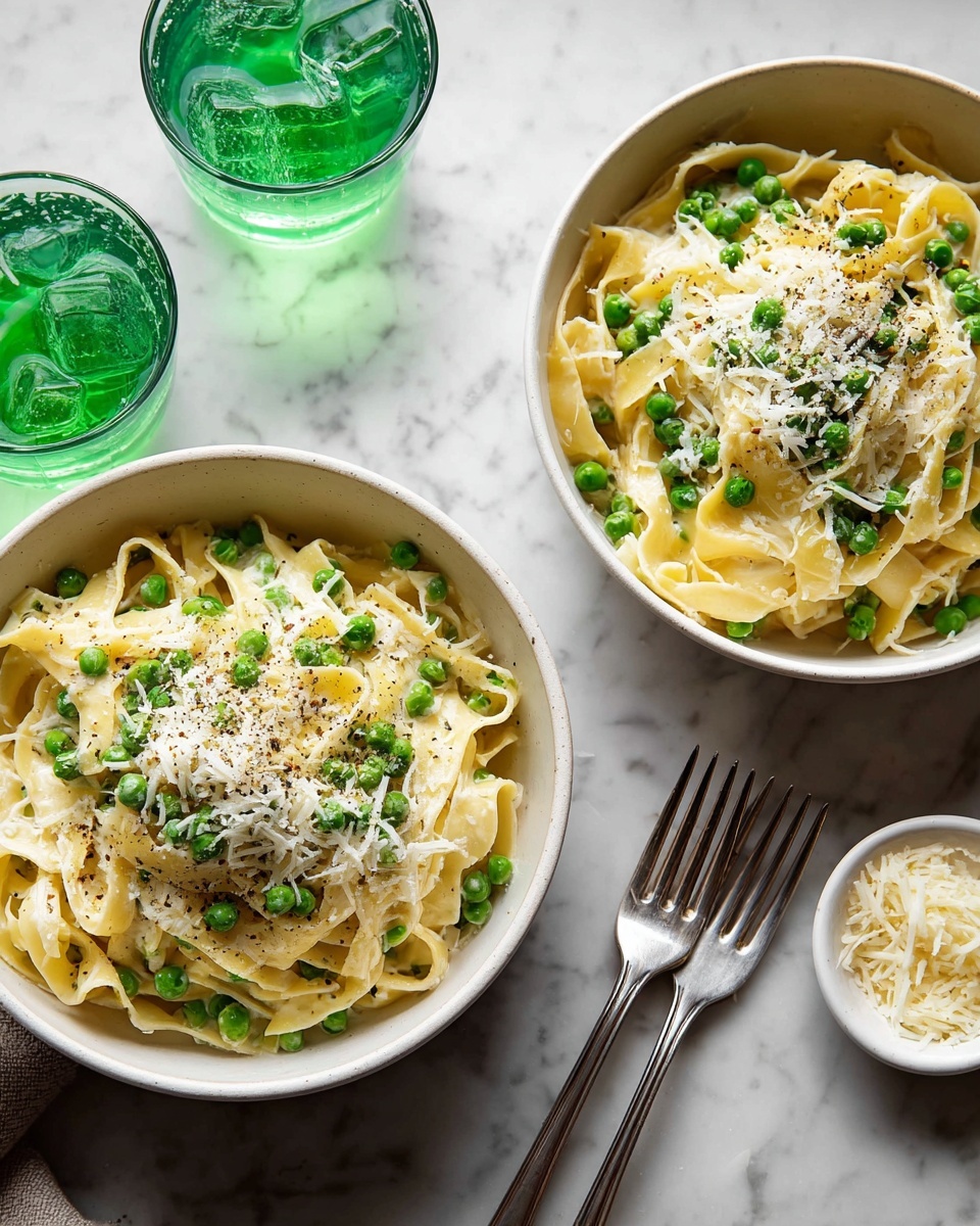 Two white bowls sit on a white marbled surface, each filled with three layers of creamy pasta: a base of wide, flat noodles in a pale yellow color, mixed with bright green peas scattered evenly, topped with a layer of finely grated white cheese and a light sprinkle of black pepper. Near the bowls, there are two silver forks placed side by side and a small white dish filled with more grated cheese. To the top left of the bowls, two glasses filled with a green fizzy drink add contrast to the scene. The photo taken with an iphone --ar 4:5 --v 7
