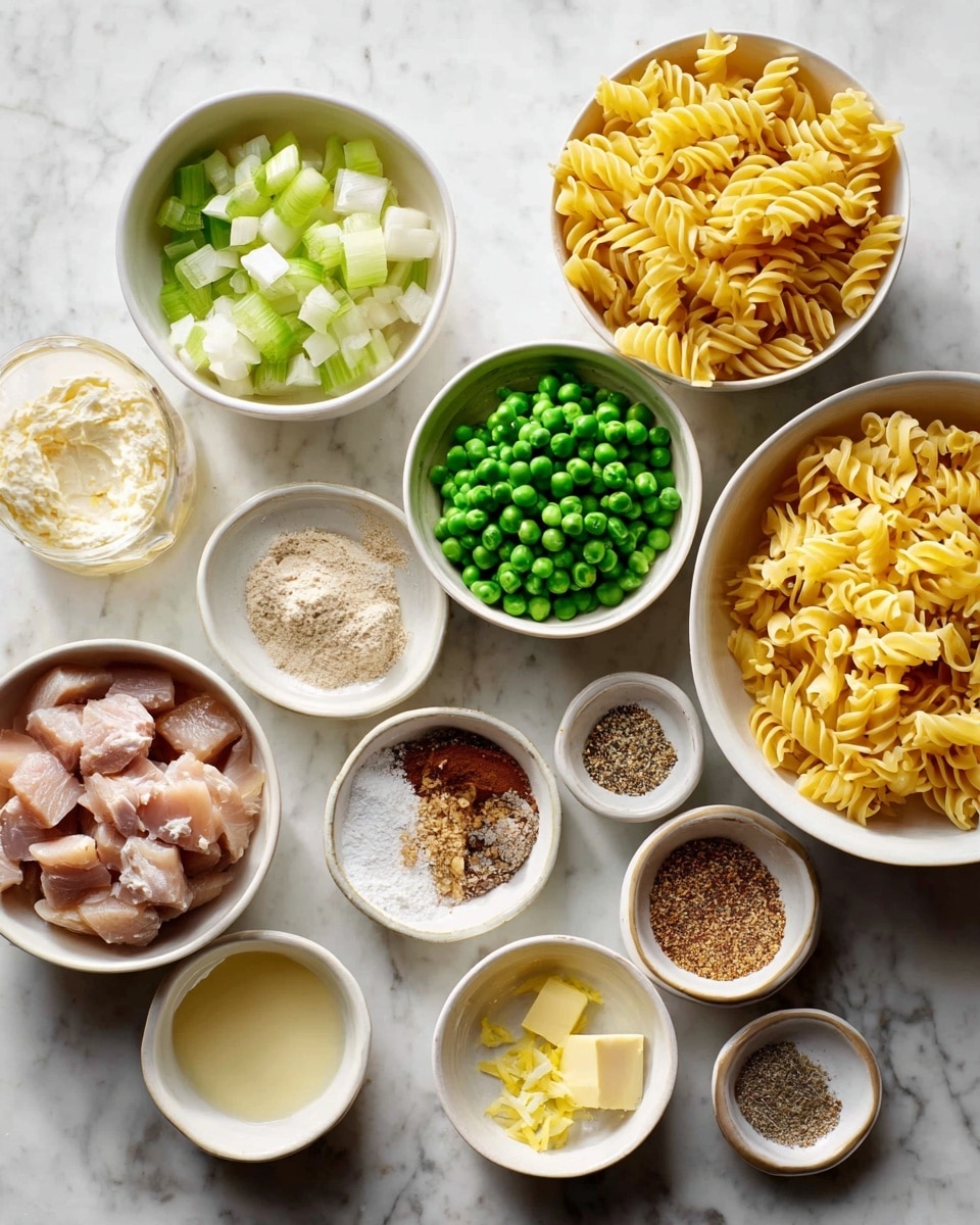 A small white round pot with handles holds a creamy casserole made of light beige cooked noodles mixed with small green peas and celery pieces, along with chunks of light brown meat. The top layer is covered with a golden-brown crunchy crumb topping, and a bright yellow lemon wedge is placed on the side inside the pot. A silver fork is placed inside, showing the mix of layers. The pot sits on a white marbled surface, with fresh green parsley in the background and a light amber cloth nearby. Photo taken with an iphone --ar 4:5 --v 7