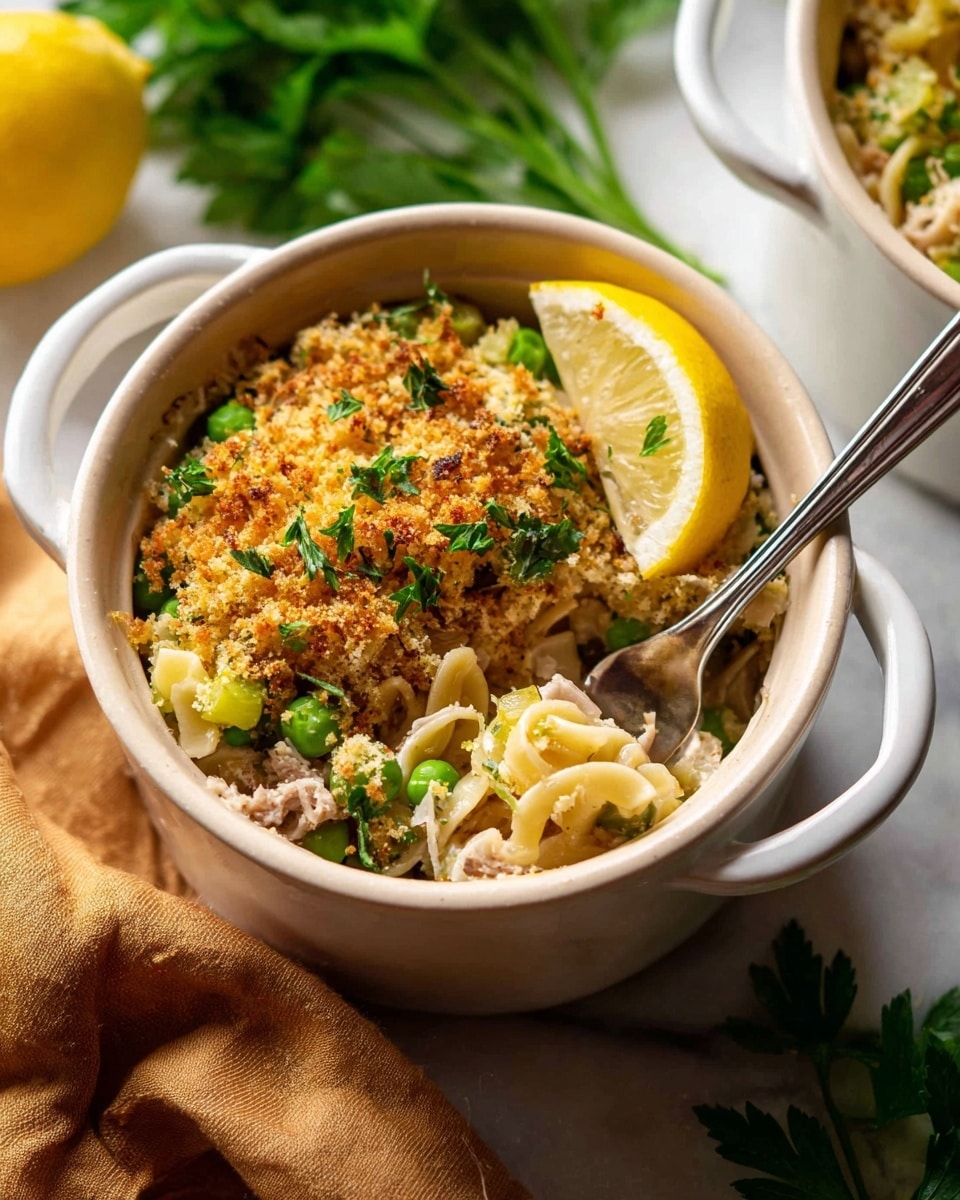 Two white bowls filled with a pasta dish are placed on a white marbled surface. Each bowl has layers starting with a creamy pasta base mixed with green peas and small bits of mushroom. The top layer is a light brown, crunchy breadcrumb crust sprinkled with small green herb pieces. One bowl is garnished with a thin lemon slice on the side. In the background, there is a bunch of green parsley leaves and a glass with a light-colored drink. Photo taken with an iphone --ar 4:5 --v 7
