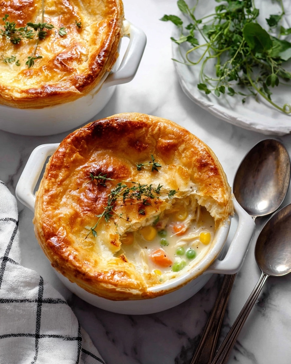 Two white ceramic pots with handles hold creamy chicken pot pies with golden brown crusts on top. The crust has an uneven edge, golden and slightly cracked, scattered with green thyme leaves. One pot is slightly open, showing layers of creamy white sauce mixed with chunks of orange carrots, yellow corn, and white chicken inside. The pots sit on a white marbled surface along with a white towel with black stripes, some scattered fresh thyme, and two spoons nearby. Photo taken with an iphone --ar 4:5 --v 7