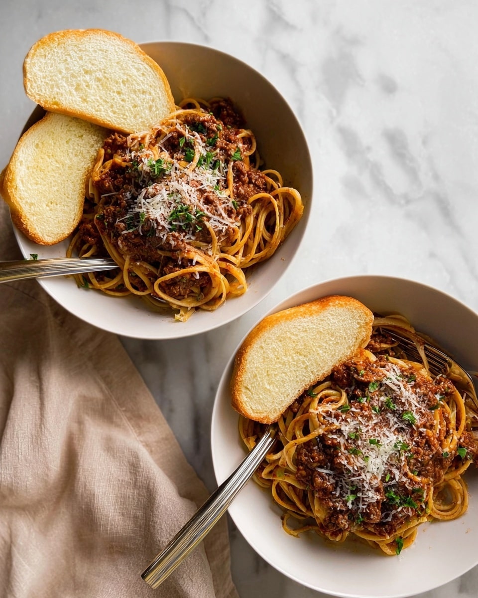 A white bowl filled with a tangled nest of spaghetti covered in a red-brown meat sauce, sprinkled with a light dusting of grated cheese. Two thick slices of white bread sit on top of the pasta on one side of the bowl. A silver fork leans inside the bowl on the right side. In the background, another white bowl has more spaghetti and bread. The bowls are placed on a white marbled surface with soft natural light. photo taken with an iphone --ar 4:5 --v 7