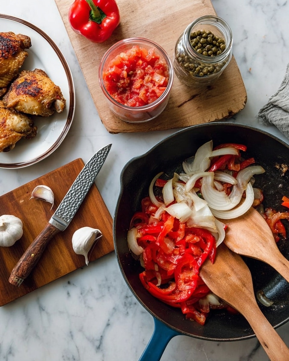 The image shows a black cast iron pan with a blue handle on a white marbled surface. Inside the pan, there are slices of red bell pepper and white onion being cooked, with a wooden spatula resting inside. To the left, there is a white plate with a thin brown rim holding four browned cooked chicken thighs. Above the pan, there is a clear glass mug filled with chunky red tomatoes. On the left side of the image, a wooden cutting board displays a knife with a silver blade and textured handle, a jar of green capers with a small wooden spoon, a half red bell pepper, a garlic bulb, and a few loose cloves of garlic. Photo taken with an iphone --ar 4:5 --v 7