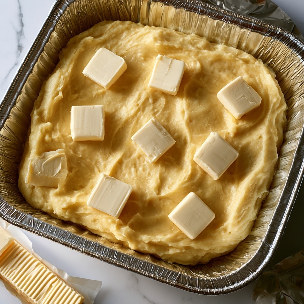 The image shows four aluminum foil containers on a white marbled surface, filled with a yellow mashed mixture, likely mashed potatoes. The largest container is square and contains eight small white cubes of butter spread evenly on top of the smooth, slightly textured mashed layer. The other three containers are smaller and rectangular, each holding a similar mash layer topped with two white butter cubes. The butter cubes are firm and neatly placed, contrasting with the soft mashed base. photo taken with an iphone --ar 4:5 --v 7