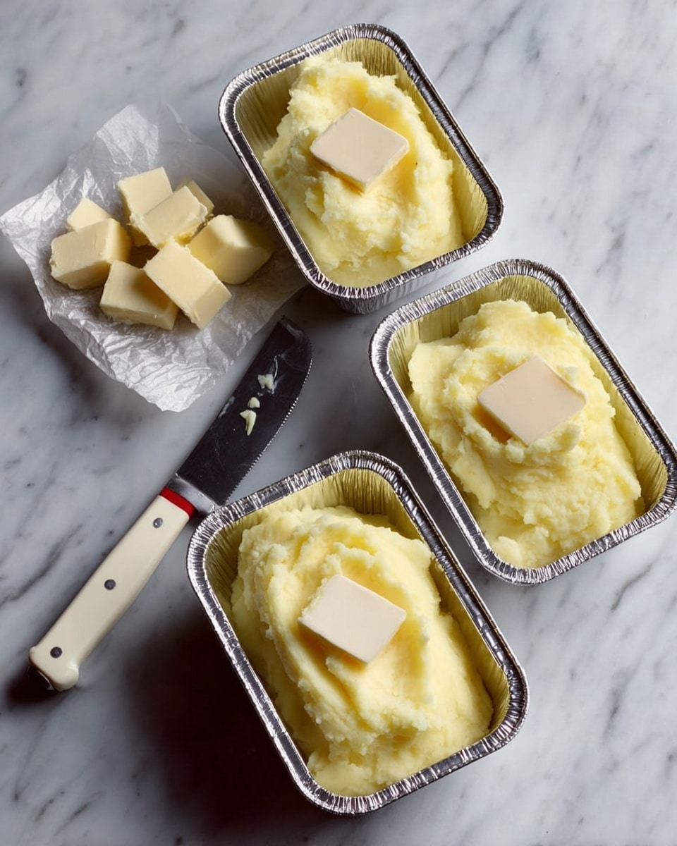 A silver foil square baking dish filled with a thick, smooth layer of pale yellow mashed potatoes. On top of the mashed potatoes are nine evenly spaced square pats of white butter. The dish is placed on a white marbled surface, near a partially sliced stick of butter still in its paper wrapper and a silver butter knife with a white handle. Photo taken with an iphone --ar 4:5 --v 7