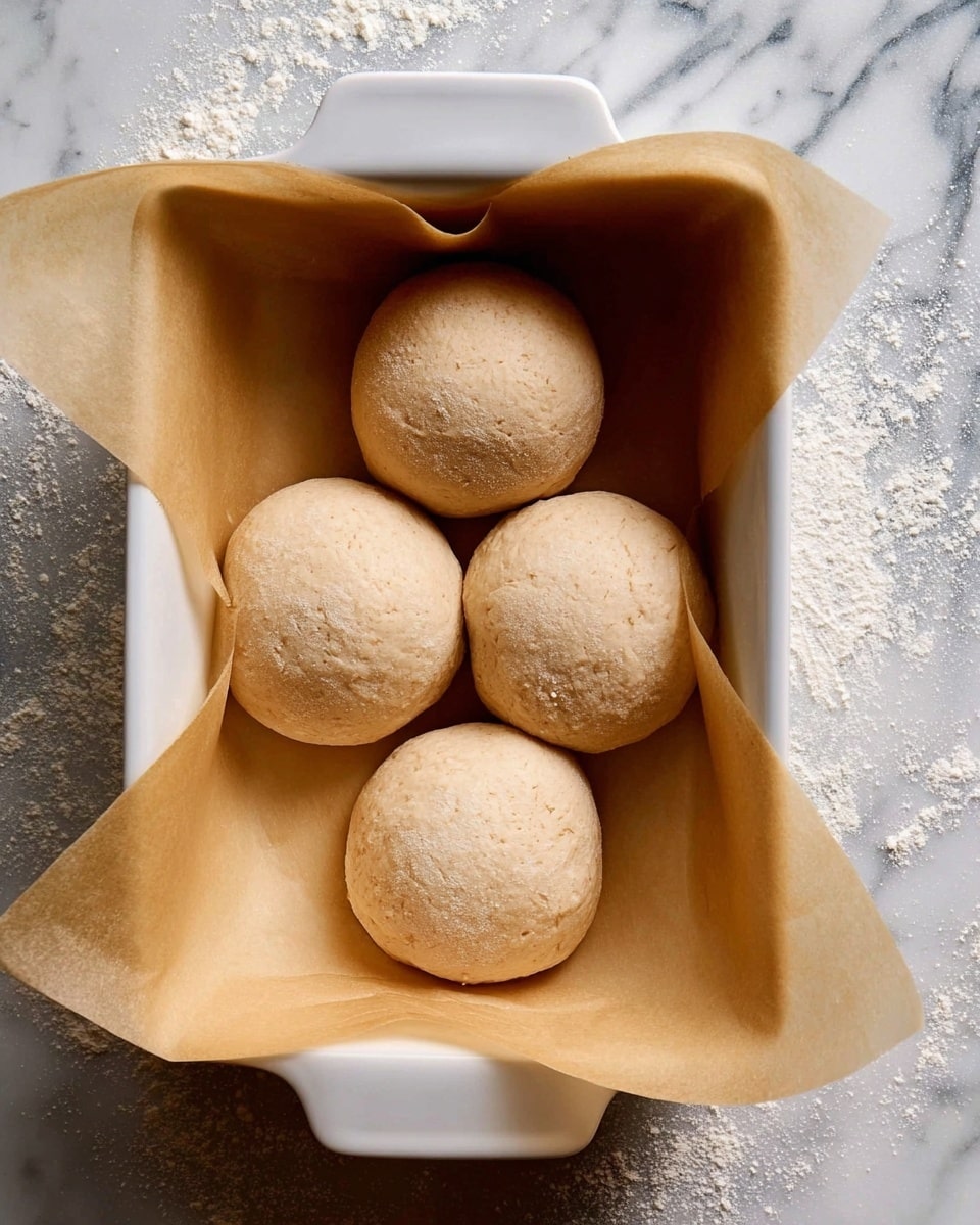Four round dough balls with a soft, slightly rough texture are evenly spaced in a white rectangular baking dish lined with light brown parchment paper. The baking dish has a smooth, glossy finish with a handle visible on the right side. This dish is placed on a white marbled surface dusted lightly with white flour. The dough balls have a pale beige color, smooth but with tiny cracks and a matte finish. Photo taken with an iphone --ar 4:5 --v 7