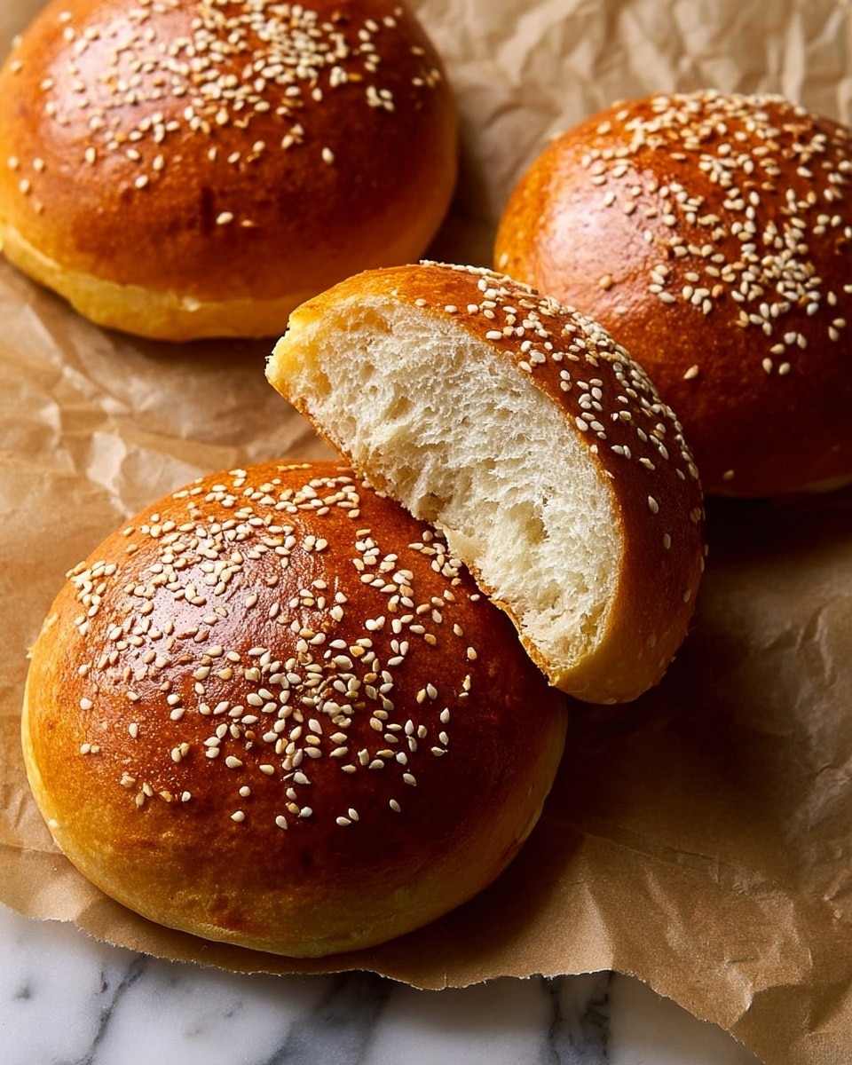 The image shows three round golden brown burger buns with sesame seeds on top placed on a textured light brown paper, with one bun sliced in half and the soft beige inside visible. The buns have a shiny, smooth surface and a slightly darker edge around the bottom. The background is a white marbled texture. photo taken with an iphone --ar 4:5 --v 7