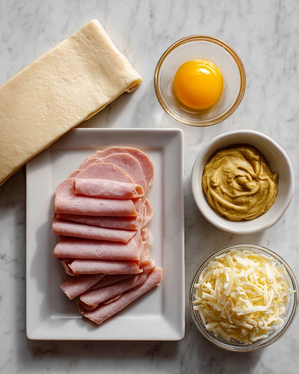 A white rectangular plate holds four thin slices of pink deli ham stacked neatly in the center. To the left of the plate lies a folded sheet of pale beige puff pastry dough with a smooth texture. Above the plate, a small clear glass bowl contains a bright yellow egg yolk sitting alone. To the right of the egg yolk, a small white bowl filled with thick, mustard-yellow mustard has a smooth swirled top. Below the mustard, another clear glass bowl holds a mound of shredded pale yellow cheese. All items are arranged on a white marbled surface. photo taken with an iphone --ar 4:5 --v 7