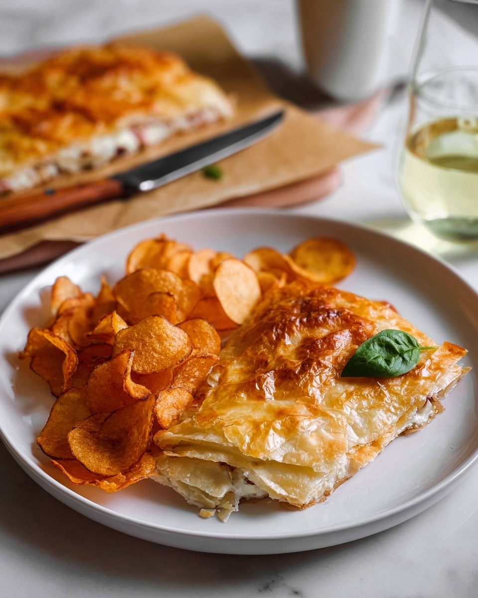 A white plate on a white marbled surface holds a golden-brown flaky pastry with visible layers, partly showing a filling inside. Next to the pastry are wavy, crispy potato chips in a warm orange color. A small green basil leaf sits near the pastry for garnish. Behind the plate, there is a wooden-handled knife on parchment paper next to a larger piece of the same pastry. A glass of pale yellow drink and a white cup are blurred in the background. Photo taken with an iphone --ar 4:5 --v 7