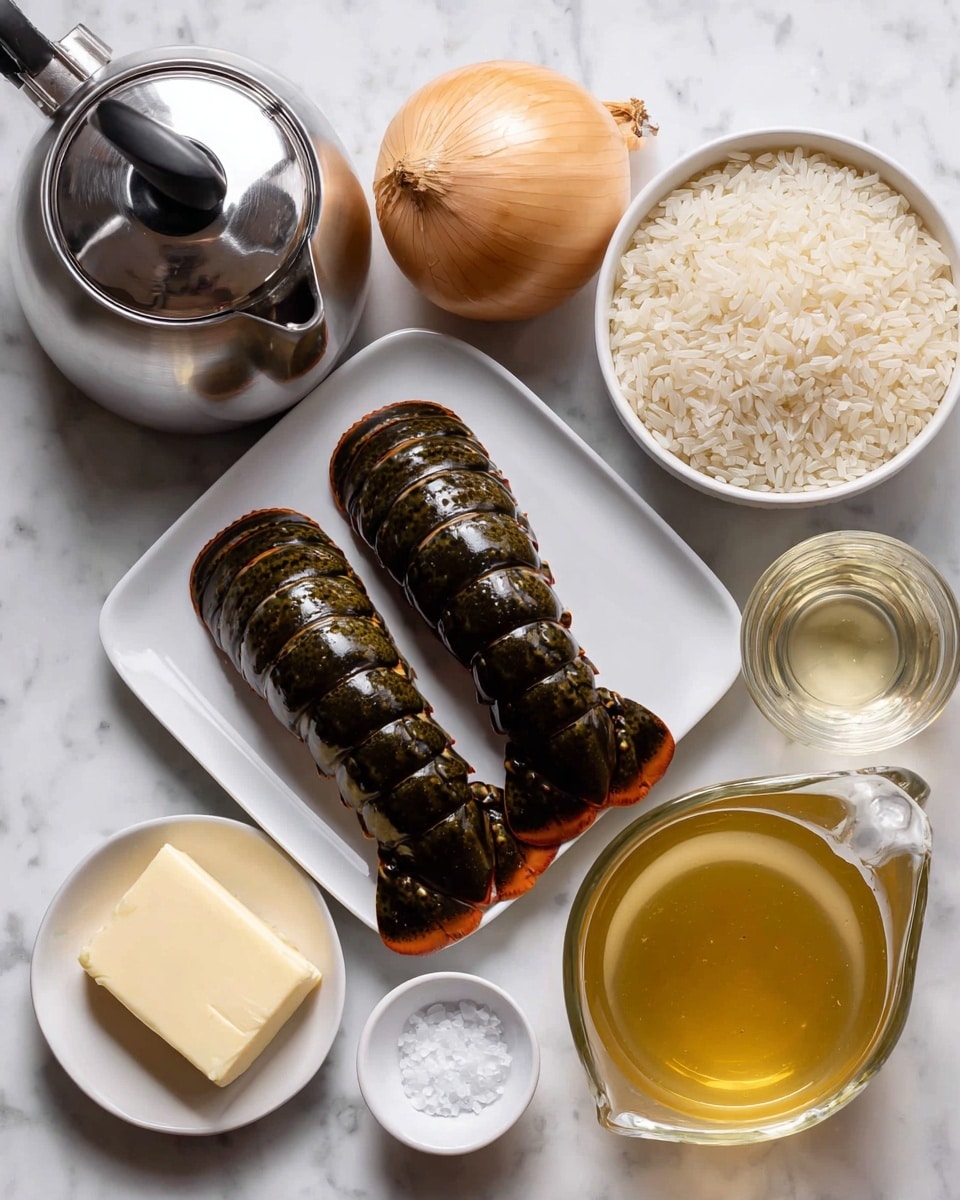 The image shows ingredients neatly arranged on a white marbled surface. At the center, there is a white square plate holding two dark brown lobster tails with shiny, segmented shells. Above the plate, a whole yellow onion sits next to a small glass bowl filled with coarse salt. To the right, a white bowl contains uncooked white rice grains, and below it, a clear measuring jug is filled with golden-yellow broth. On the bottom left, a small white dish holds a pale yellow block of butter, and close to it, there is a small glass bowl with white wine. Above these, a silver tea kettle is placed on the surface. The setup is clean and simple, showing all ingredients clearly. photo taken with an iphone --ar 4:5 --v 7