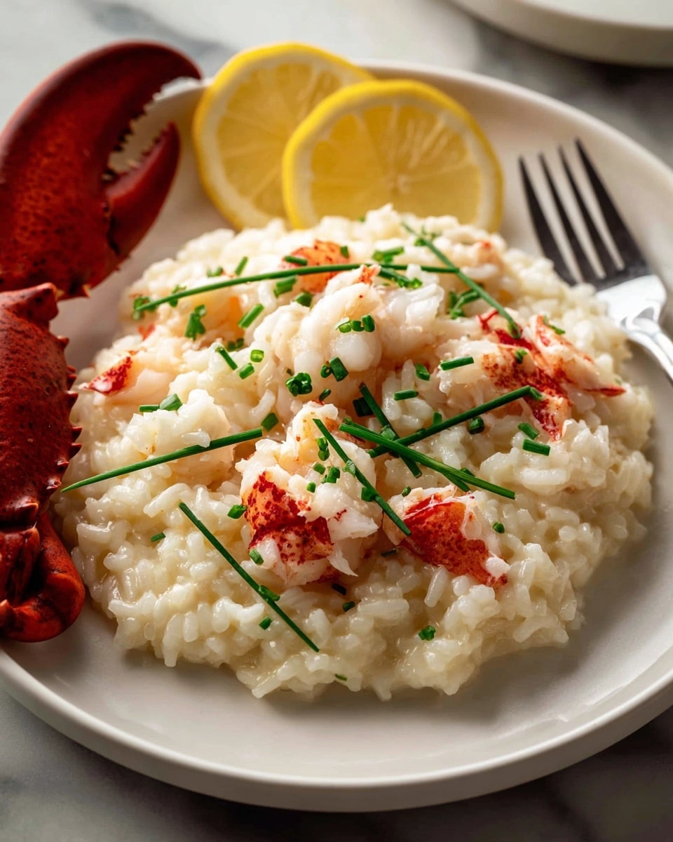 A white plate holds creamy white risotto mixed with chunks of white and red lobster meat, topped with small green chives. On the side of the plate, two yellow lemon slices and a red lobster tail shell add color contrast. A silver fork rests on the right edge of the plate. Underneath, there is a stack of white plates with dark rims. The setting is on a white marbled surface with a small dark wooden bowl of salt and a small white bowl with green herbs in the background. Two glasses of pale yellow wine are also visible near the plate. Photo taken with an iphone --ar 4:5 --v 7