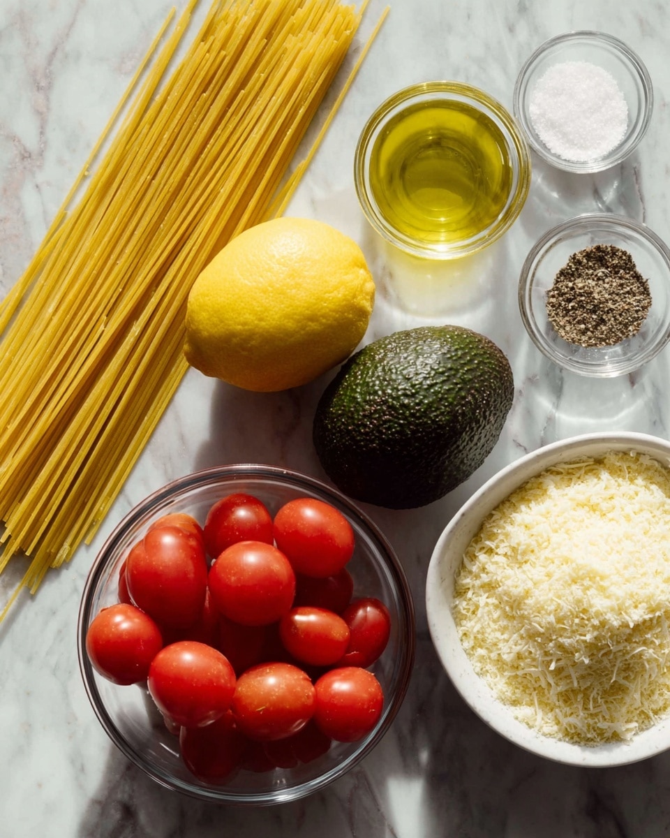 The image shows raw spaghetti pasta on the left side with a smooth yellow color and straight texture, lying flat on a white marbled surface. To the right of the pasta, there is a dark green, bumpy avocado and next to it a bright yellow lemon with a slightly textured skin. Below them, there is a clear glass bowl filled with shiny red cherry tomatoes with smooth skins. On the bottom right, there is a white bowl filled with pale yellow grated cheese that has a fine crumbly texture. Next to this bowl, there is a small clear glass container with golden-yellow olive oil. Above the olive oil and cheese, there are two tiny clear bowls, one filled with coarse white salt and the other with ground black pepper. The overall arrangement is neat, with all items placed on a white marbled background. photo taken with an iphone --ar 4:5 --v 7