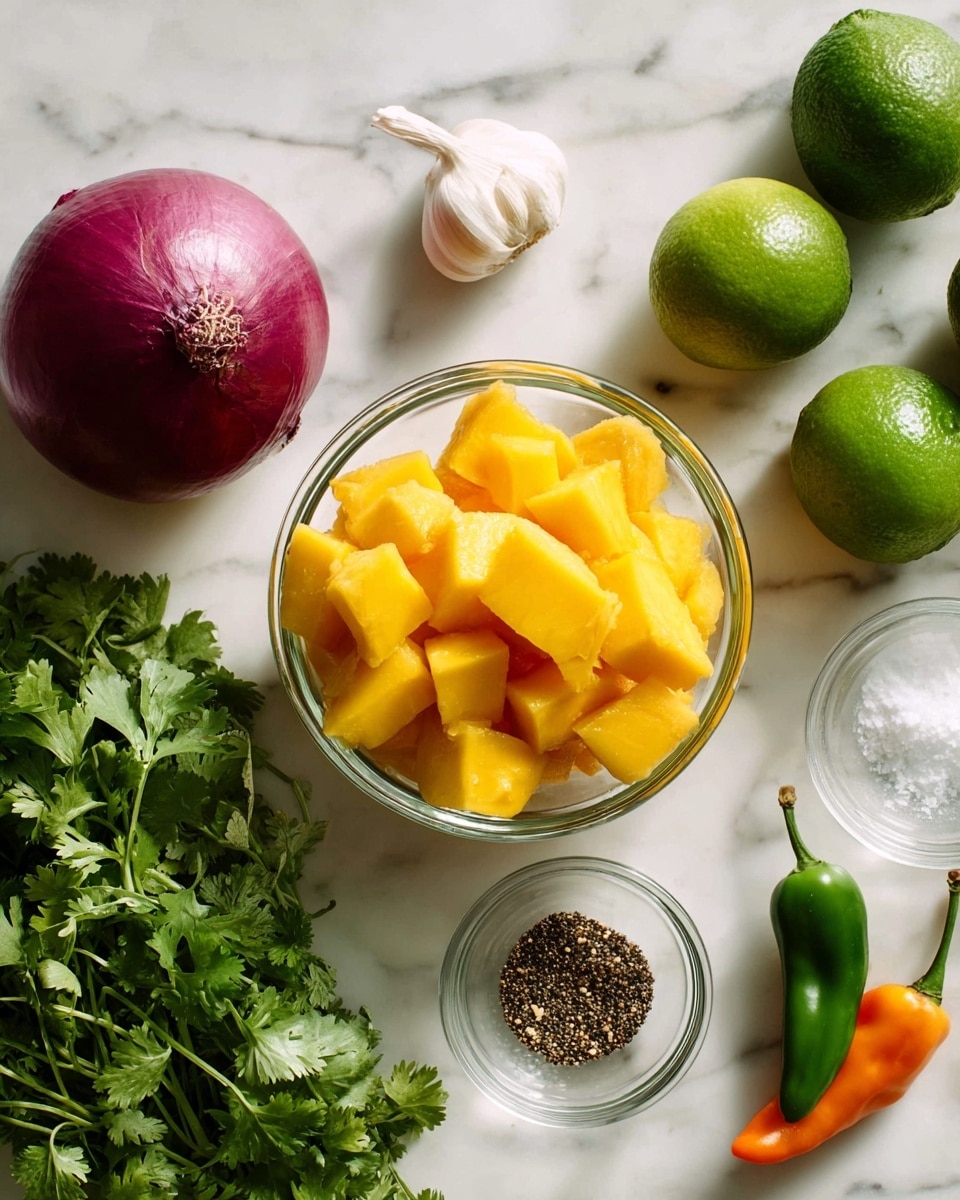 The image shows a top view of fresh ingredients on a white marbled surface. At the center, a clear glass bowl holds bright yellow mango cubes with smooth texture. To the left of the bowl, there is a whole red onion with a slightly shiny skin, and a bunch of green coriander leaves with jagged edges in the bottom left corner. Above the bowl, a small white garlic clove and an orange habanero pepper with a green stem are placed. To the right of the bowl, two green limes with a slightly bumpy surface are close together. Below the limes, there are two small clear glass bowls, one with black pepper and the other with salt. The whole setup is light and clean, with natural colors standing out against the white marbled background photo taken with an iphone --ar 4:5 --v 7