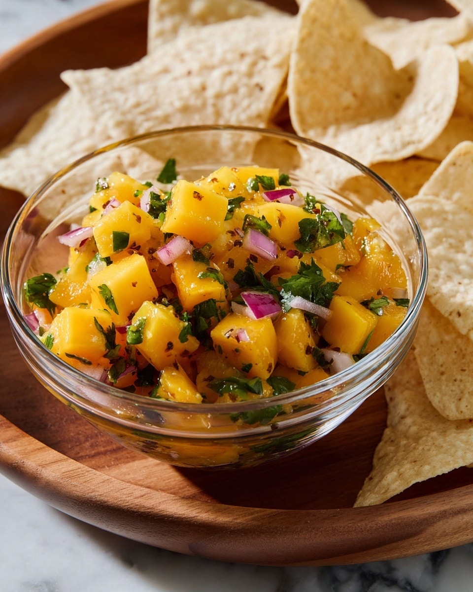 A clear glass bowl filled with a colorful mango salsa sits on the left side of a large round white plate with a wooden pattern. The mango salsa has three visible layers of small diced yellow mango pieces mixed with tiny bits of purple onion and green herbs scattered on top, creating a speckled texture. Surrounding the bowl are broken white corn tortilla chips with a slightly rough texture, filling the rest of the plate. The surface beneath is a white marbled texture, and in the background, there is a blurry lime half, an orange small pepper, and a green cloth. Photo taken with an iphone --ar 4:5 --v 7