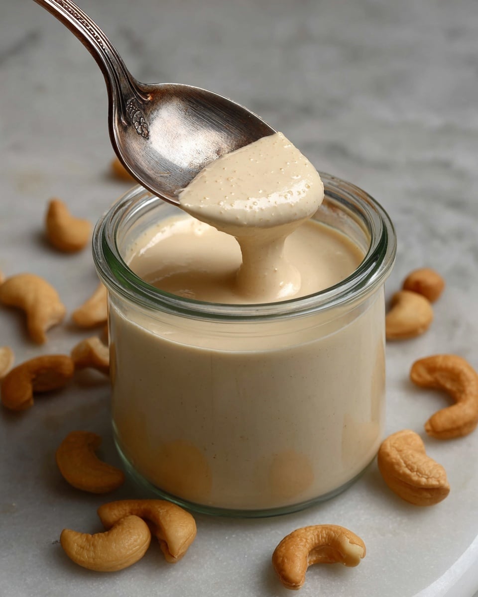 A creamy, smooth white sauce is shown in a white bowl with a blue speckled rim and handles on both sides, sitting on a dark wooden surface with scattered cashew nuts around it. A woman's hand holds a decorative silver spoon dipped into the sauce, lifting some of it, showing the thick yet flowing texture. In the blurred background, a rounded brown stone with white salt on top and a beige cloth are partially visible. Photo taken with an iphone --ar 4:5 --v 7
