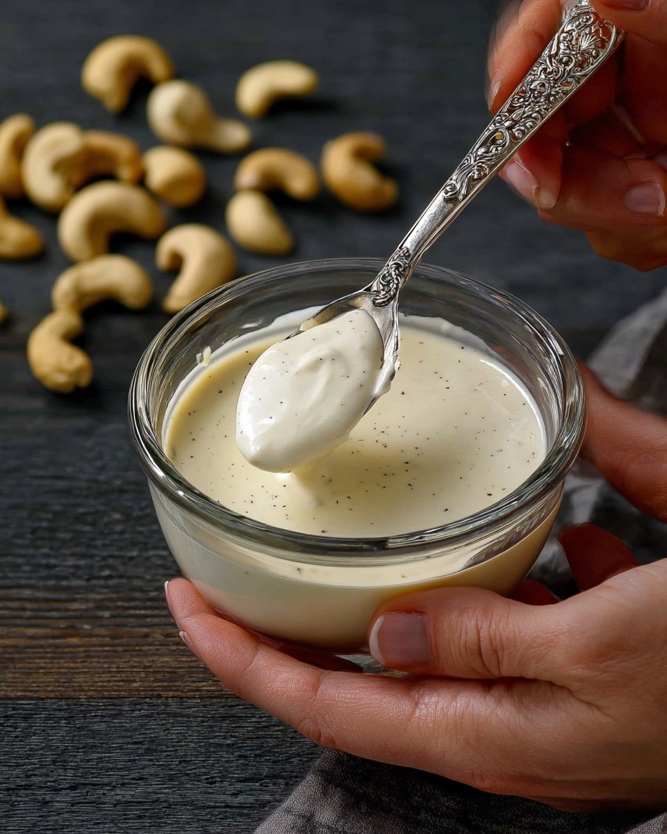 A clear glass jar filled with smooth, creamy light beige sauce, with a vintage silver spoon dipped into it lifting a thick layer of the sauce. The sauce has a shiny, thick texture with tiny air bubbles visible. Around the jar are some whole cashew nuts spread on a white marbled surface, complementing the creamy sauce's light color photo taken with an iphone --ar 4:5 --v 7
