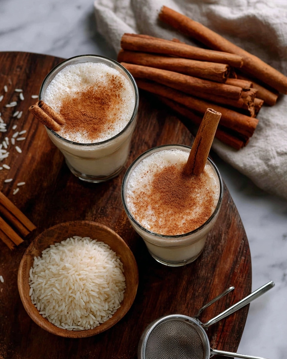 Two tall clear glasses filled almost to the top with light creamy beige liquid, each topped with a layer of finely sprinkled cinnamon powder forming a soft, warm brown circle on the surface. A single cinnamon stick stands upright in the middle of the cinnamon layer in each glass. The glasses are placed on a wooden textured surface, with a small round wooden bowl filled with white rice grains in the background, partially covered by a white cloth. A small fine-mesh sieve with some cinnamon powder inside is placed near the front of the image along with another cinnamon stick laying on the wooden surface. The background features a white marbled texture. Photo taken with an iphone --ar 4:5 --v 7