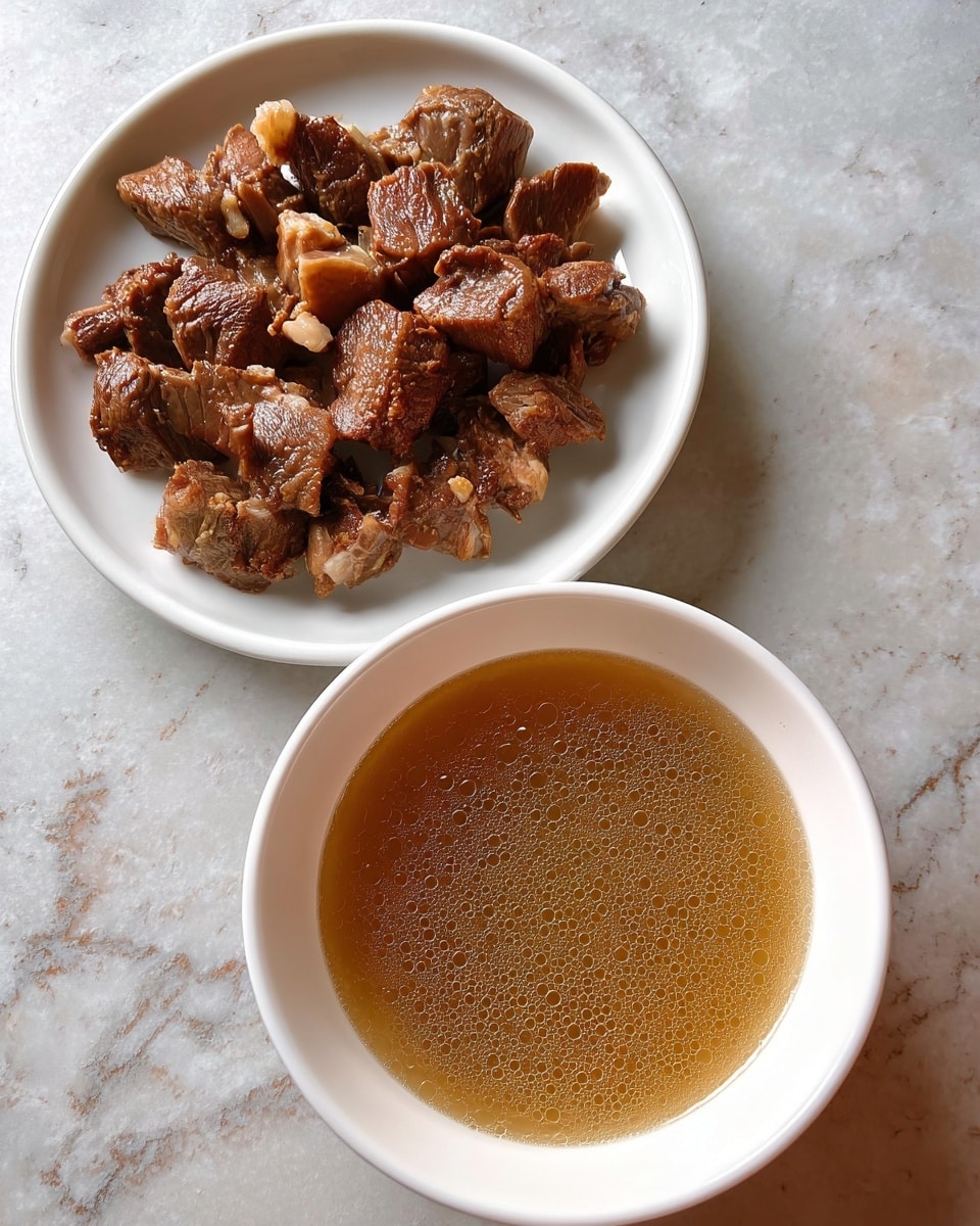 The image shows two white dishes on a white marbled surface; the top dish holds a pile of brown cooked meat pieces with visible texture and some lighter fat bits, while the bottom dish contains a light brown broth with small bubbles on the surface, giving a smooth and slightly frothy appearance, both dishes are placed close together with a clear view from above, photo taken with an iphone --ar 4:5 --v 7