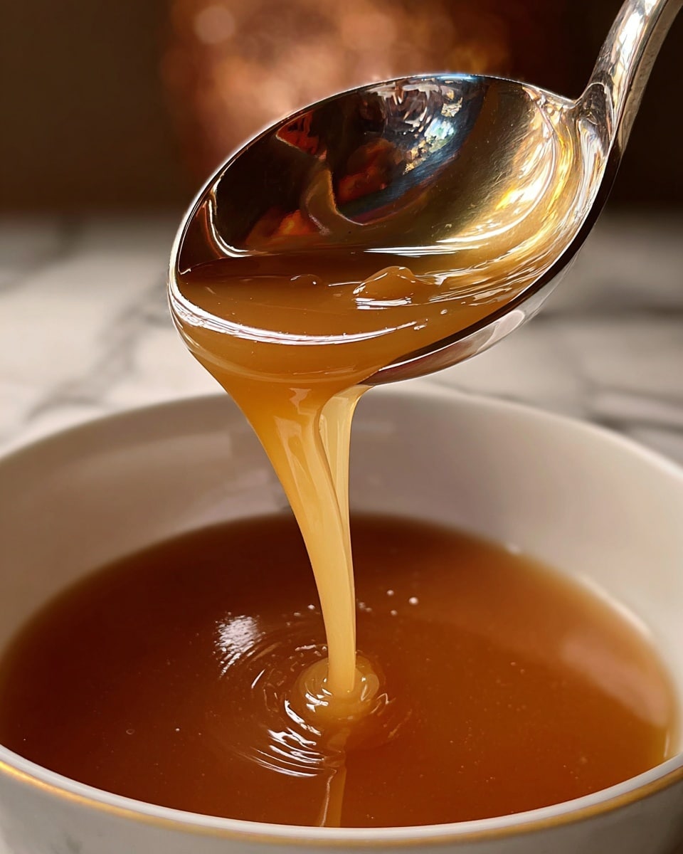 A close-up image shows a shiny metal ladle pouring a warm light brown liquid into a white bowl below. The liquid is smooth and slightly thick, flowing in a steady stream from the curved ladle. The white marbled surface in the background adds a clean and bright look to the scene. The focus is mainly on the shiny ladle and the flowing liquid, capturing reflections of light on the metal surface. photo taken with an iphone --ar 4:5 --v 7