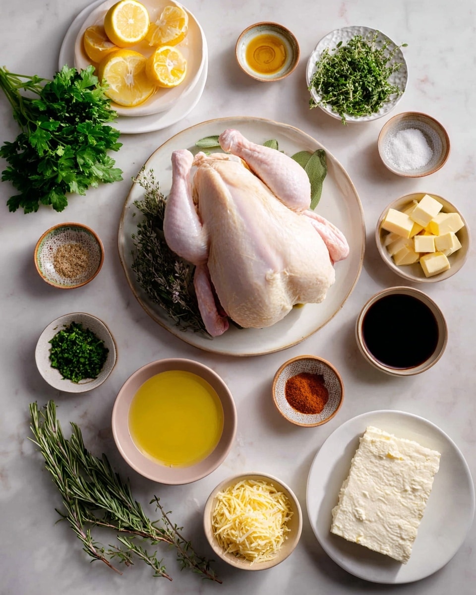 A whole raw chicken is centered on a white round plate, surrounded by small white and brown bowls filled with various ingredients on a white marbled surface. To the left, a white plate holds lemon wedges beside a small bowl of honey. Above the chicken are fresh green herbs like parsley, thyme, rosemary, and tarragon on a small white plate. On the right side, a white bowl contains sliced butter, next to bowls with balsamic vinegar and olive oil. Below the chicken, a white bowl with grated yellow cheese and a white plate with a block of cream cheese are placed, along with small bowls of salt, pepper, garlic powder, onion powder, and paprika arranged around the scene. Photo taken with an iphone --ar 4:5 --v 7