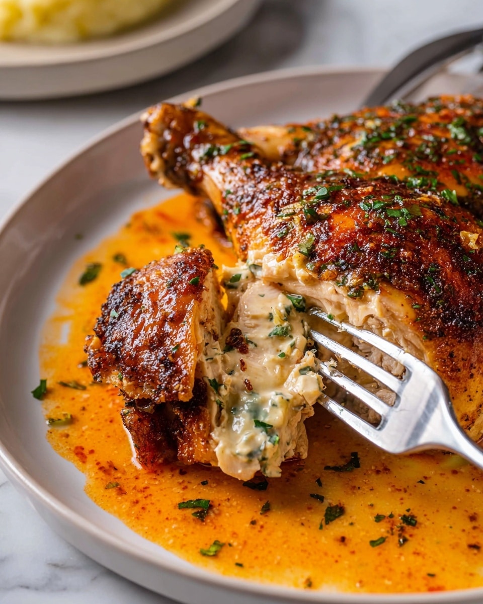 A roasted chicken leg with a crisp, browned skin speckled with green herbs rests on a pool of rich orange sauce on a white plate. The chicken leg is thick and juicy, with a visible bone in the back. A piece of chicken meat has been taken out from below the skin, showing a creamy, white sauce with herbs mixed inside. A silver fork is gently holding the creamy chicken piece, pressed against the plate. The plate sits on a white marbled surface. Photo taken with an iphone --ar 4:5 --v 7