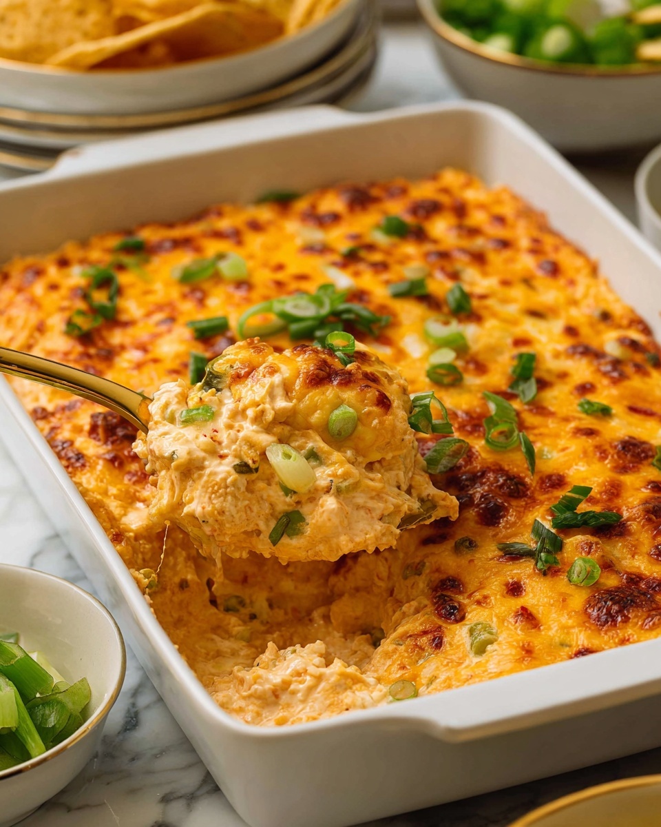 A white baking dish filled with a golden brown baked cheesy casserole topped with small pieces of bright green chopped scallions. The casserole's top layer is bubbly and slightly browned, showing a textured mix of melted cheese in orange and light yellow shades. Behind the dish, there is a white bowl holding light golden tortilla chips and another small white bowl filled with more chopped scallions, all placed on a white marbled surface with some green scallion stalks in the background. Photo taken with an iphone --ar 4:5 --v 7