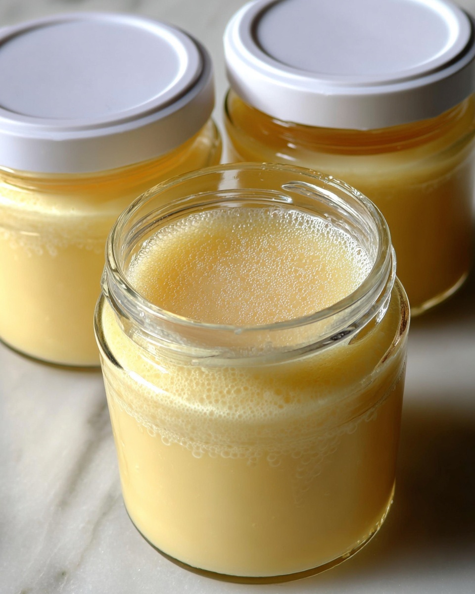 Two clear glass jars with white lids are filled with a smooth yellow liquid, showing a lighter yellow foamy layer on top. The jars are placed side by side on a white marbled surface with soft natural light highlighting their texture and color, creating a slight shadow beneath them. The liquid inside appears creamy and evenly mixed, filling most of each jar's height. photo taken with an iphone --ar 4:5 --v 7