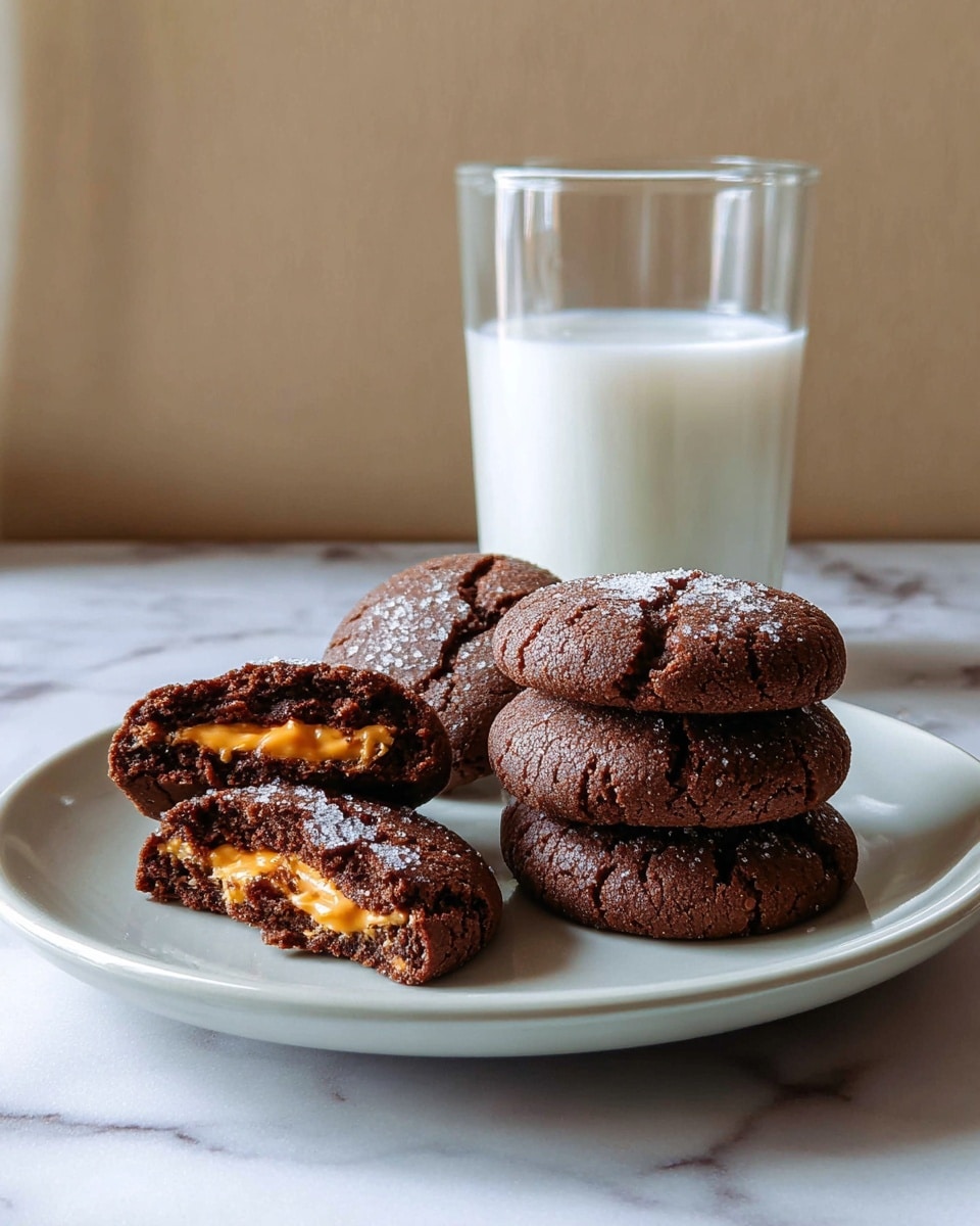 There are five dark brown round cookies on a white plate; two are whole and three are broken to show a bright orange filling inside. The cookies have a cracked surface with a light sprinkling of sugar on top. Behind the plate, there is a clear glass filled with white milk. The scene is set on a white marbled surface with a light beige wall in the background. photo taken with an iphone --ar 4:5 --v 7