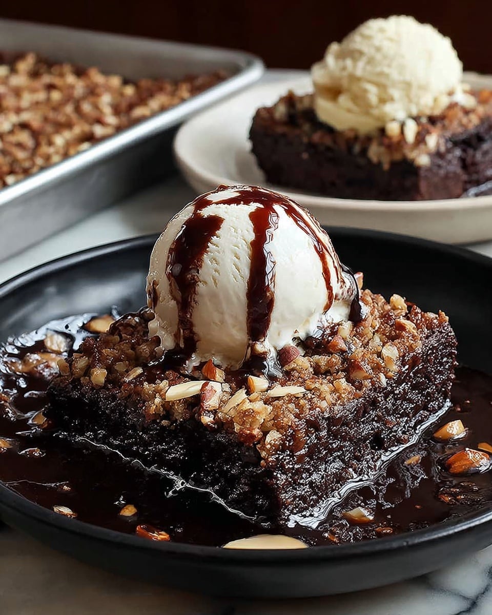 A dark brown chocolate cake square with a crumbly light brown topping sits in the middle of a black plate filled with melted chocolate sauce. On top of the cake square, there is one scoop of white vanilla ice cream drizzled with dark chocolate syrup. The cake has visible nut pieces, mostly sliced almonds, sprinkled on top of the crumb layer. In the background, there is another cake square with the same crumb topping resting on a white plate, and a baking tray with more white vanilla ice cream is slightly out of focus. The whole scene is set on a white marbled surface. photo taken with an iphone --ar 4:5 --v 7