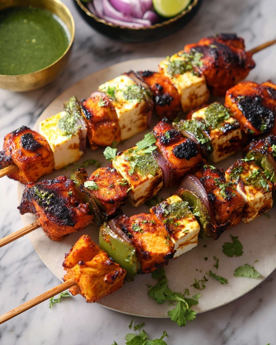 Four wooden skewers lie side by side on a round white plate placed on a white marbled surface. Each skewer has five main layers starting from the top: a square piece of grilled paneer with light browning, followed by orange-red grilled chicken cubes with charred black spots and small green bell pepper pieces in between. The chicken has a rough texture with visible grill marks. At the bottom of each skewer, there is another cube of grilled paneer. Small green coriander leaves are scattered on and around the skewers as garnish. In the background, a small brass bowl with green chutney and a black bowl with a sliced lime and purple onions sit partially visible. Photo taken with an iphone --ar 4:5 --v 7