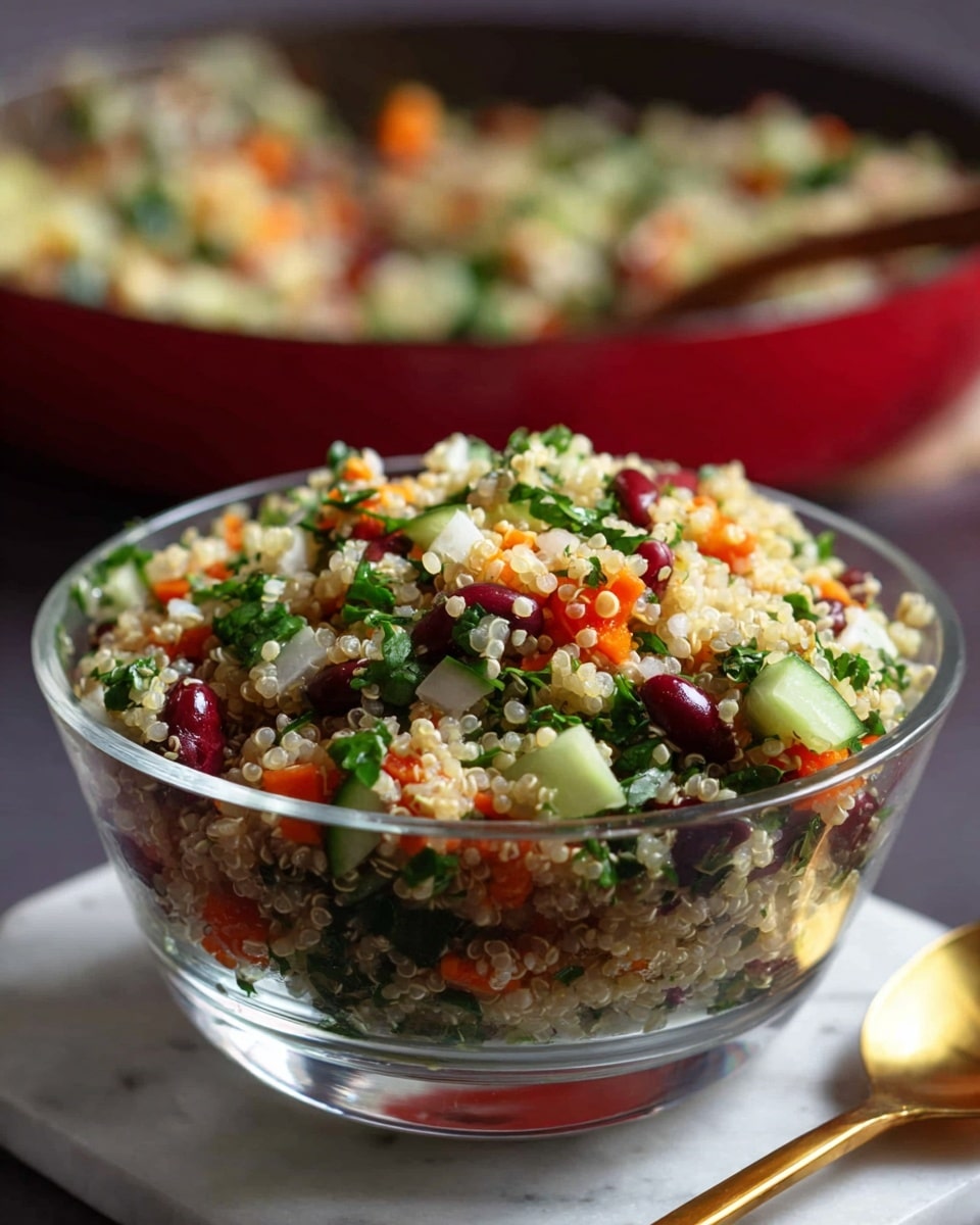 A close-up image of a pan filled with a colorful quinoa salad that has multiple layers of small round quinoa grains as the base mixed with bright green chopped herbs, orange diced carrots, red bell pepper pieces, light green cucumber chunks, and scattered brown roasted peanuts on top. The pan has a dark inside with silver edges and metal handles extending outwards. The background features a white marbled texture. Photo taken with an iphone --ar 4:5 --v 7