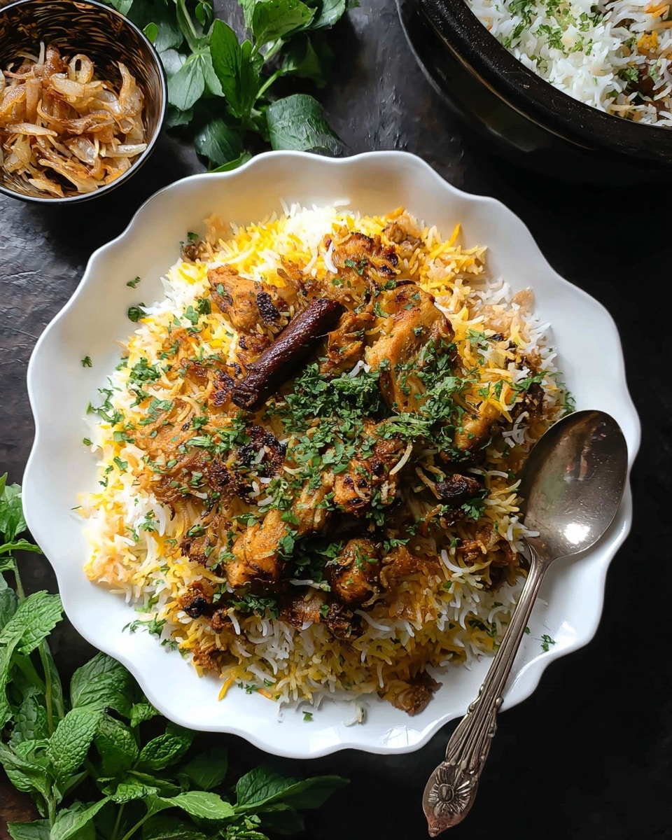This is a close-up view of a white plate with a serving of biryani rice. The dish has about three visible layers: a base of long white rice grains mixed with some yellowish and orange spiced rice grains, layered with pieces of cooked meat and vegetables like onions, all topped with chopped green herbs scattered throughout. The texture looks fluffy and mixed with slightly crispy parts visible, and a spoon rests partly in the rice. The background is a soft focus, showing green leafy herbs out of focus, all set on a white marbled surface. photo taken with an iphone --ar 4:5 --v 7