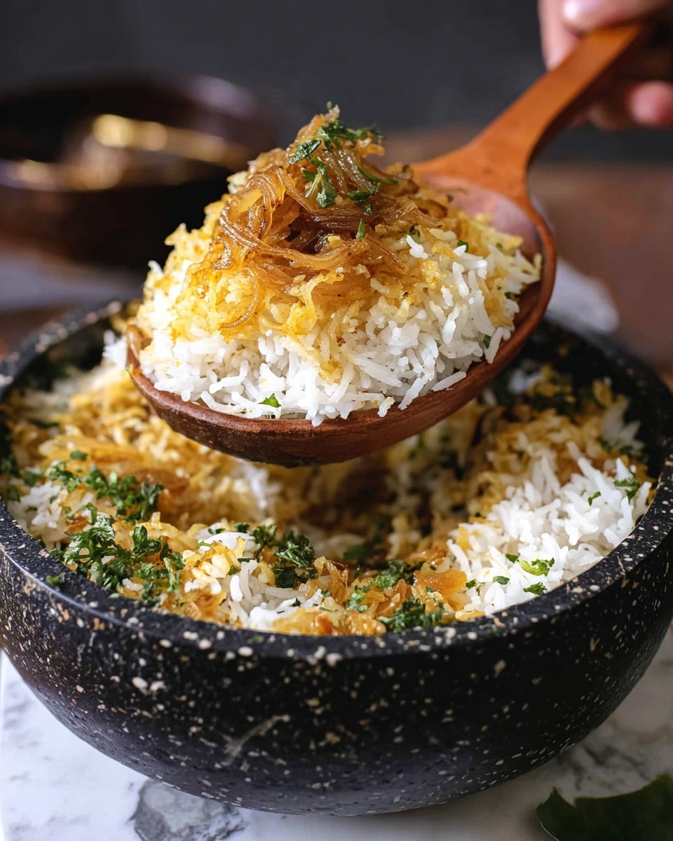 A white scalloped plate holds a serving of biryani, featuring a base layer of long-grain rice in white and golden yellow colors mingled together. Mixed within the rice are pieces of grilled chicken with a slightly charred brown texture, visible whole spices like a dark brown cinnamon stick, and small bits of fried onions in a light golden hue. The dish is topped with finely chopped fresh green herbs scattered across the surface. A vintage-style silver spoon rests on the right side of the plate. Surrounding the plate is a dark surface with fresh green leaves on the upper left and a partially visible black stone pot with rice on the upper right. Photo taken with an iphone --ar 4:5 --v 7