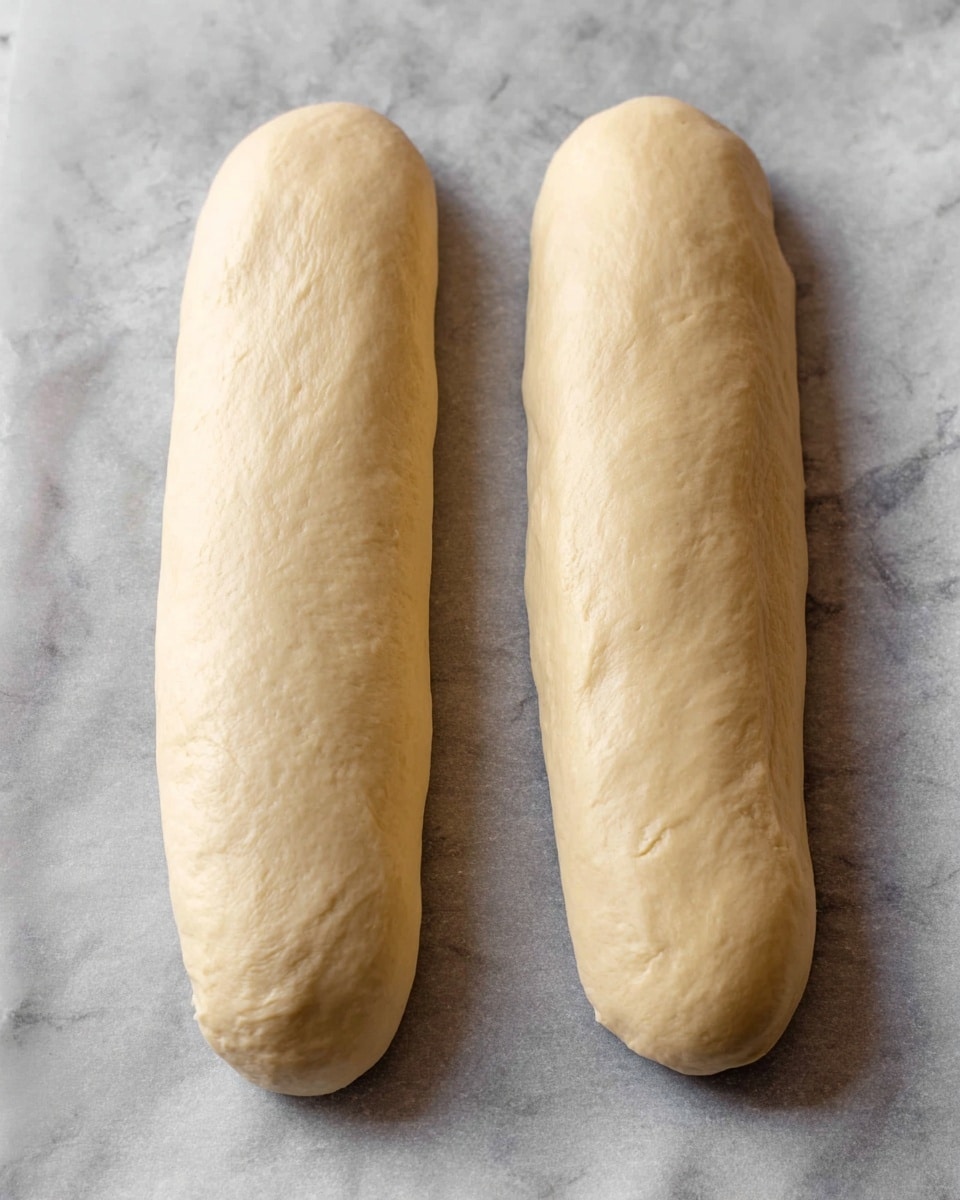 Two long, smooth dough rolls lie next to each other on a piece of parchment paper with a light gray texture. Both dough pieces have a soft pale beige color with a slightly glossy, even surface. They are gently rounded at the edges and have no visible cracks or air bubbles. The background is a white marbled texture. photo taken with an iphone --ar 4:5 --v 7