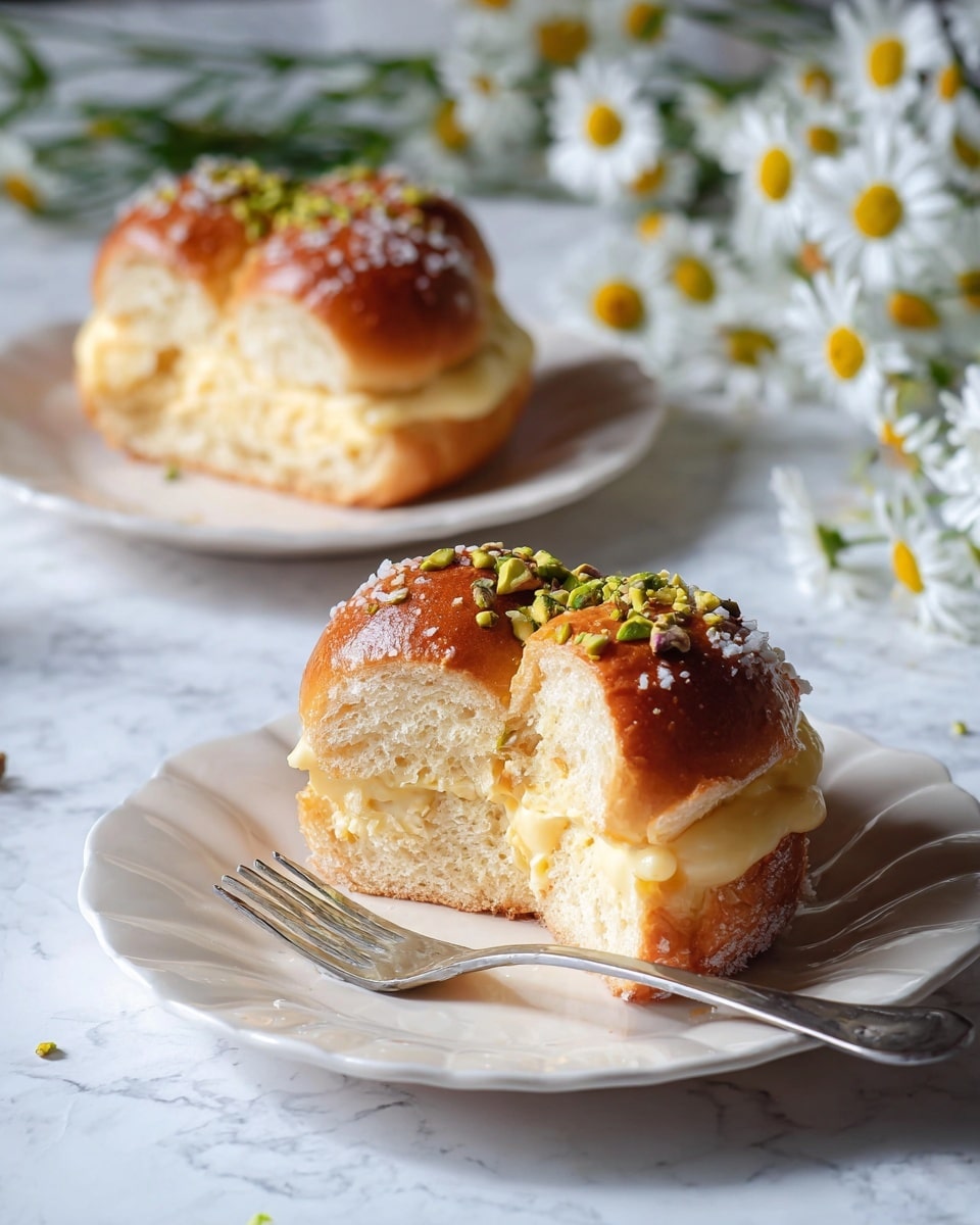 A round sandwich made of seven small golden brown bread buns joined together with a soft, light yellow cream piped in thick swirls between the top and bottom halves, each bun topped with white sugar crystals that add a rough texture. The sandwich sits on a white plate placed on a white marbled surface with some scattered pistachio pieces around it. In the blurry background, there is a bunch of white daisy flowers with yellow centers. photo taken with an iphone --ar 4:5 --v 7