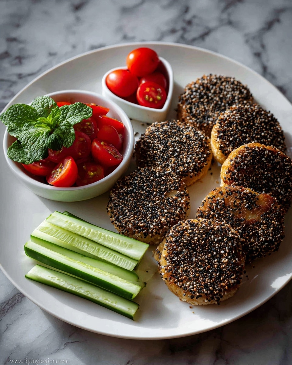 On a white round plate on a white marbled surface, there are six round flat cakes covered thickly with black and white sesame seeds placed in a slight arc on the right half of the plate, showing a golden brown edge underneath the seeds. On the left side, a small white bowl filled with bright red cherry tomatoes garnished with fresh green mint leaves is centered. Above the bowl, a small white heart-shaped dish holds three cucumber slices with a halved cherry tomato on top. Below the bowl, there are seven long cucumber slices laid out in a fan shape. The whole scene has clear, natural light showing the textures well, photo taken with an iphone --ar 4:5 --v 7
